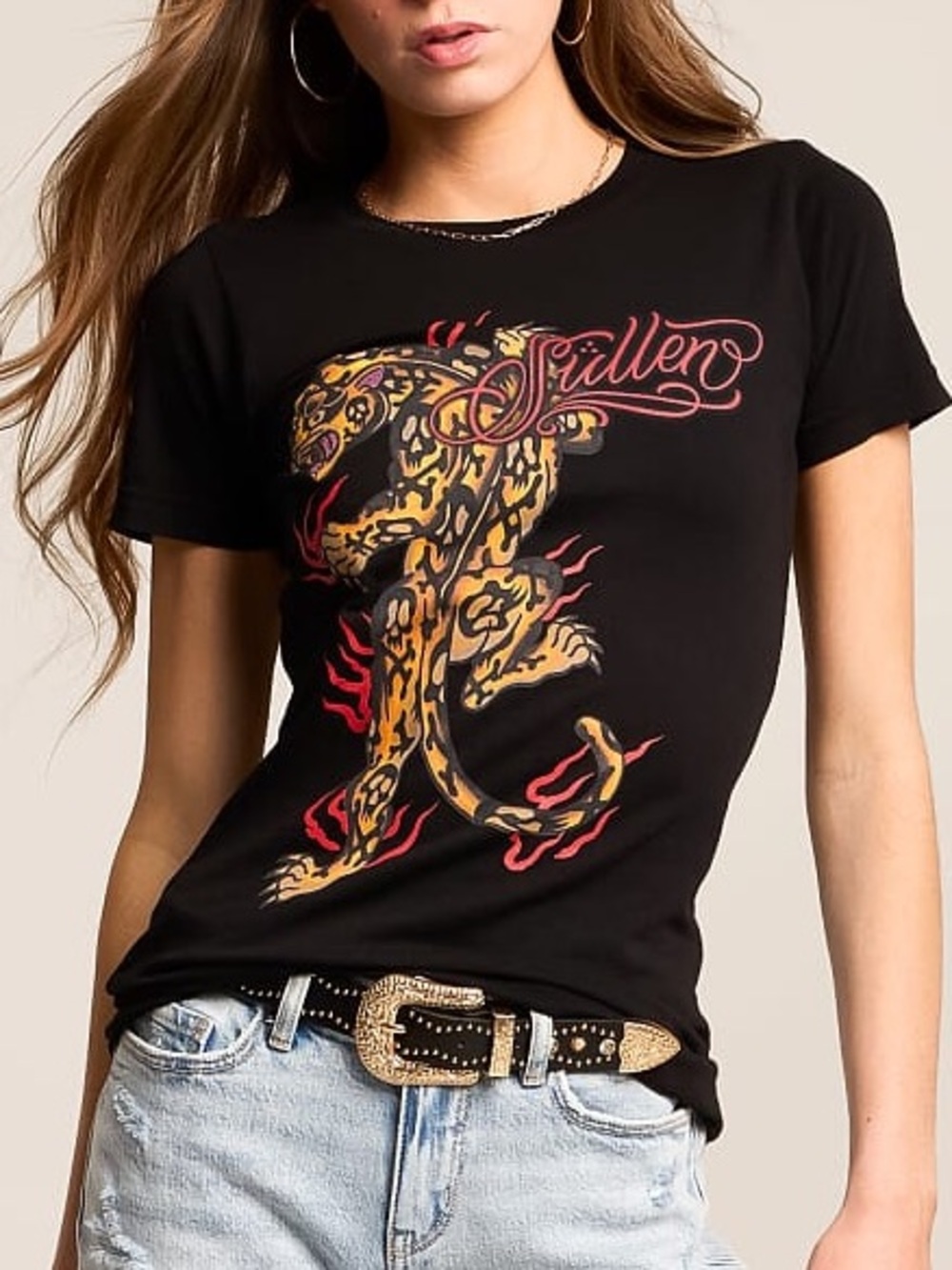 NWT Sullen Woman’s XS Petite Black Tee with Yellow Leopard With Red Accents